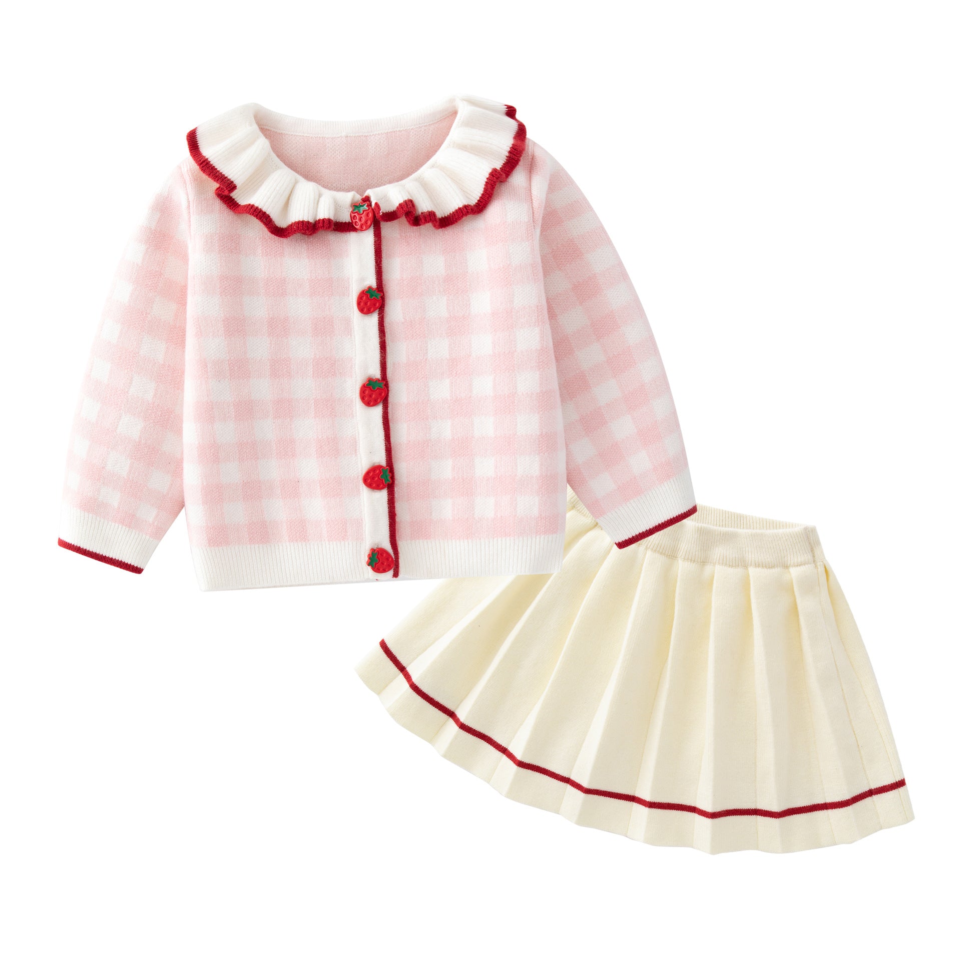 Autumn New 1-3 Years Old Baby Girl Plaid Cotton Knitted Cardigan Beige Skirt Suit Autumn New 1-3 Years Old Baby Girl Plaid Cotton Knitted Cardigan Beige Skirt Suit